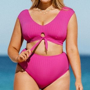 Plus Size Faux Tie Cap Sleeve Bikini